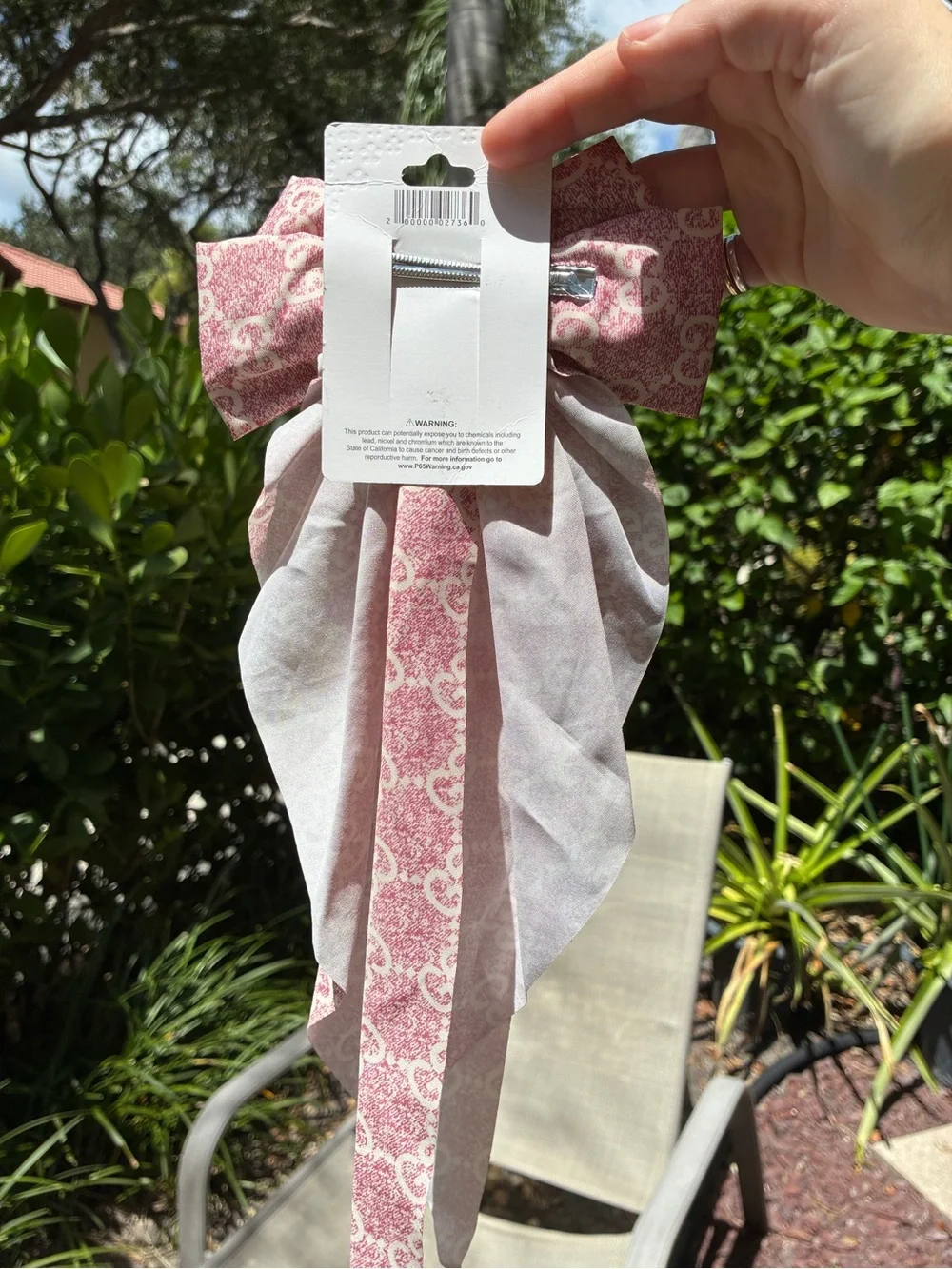 Pink & Cream Monogram Hair Bow Clip with Long Tails | NWT
